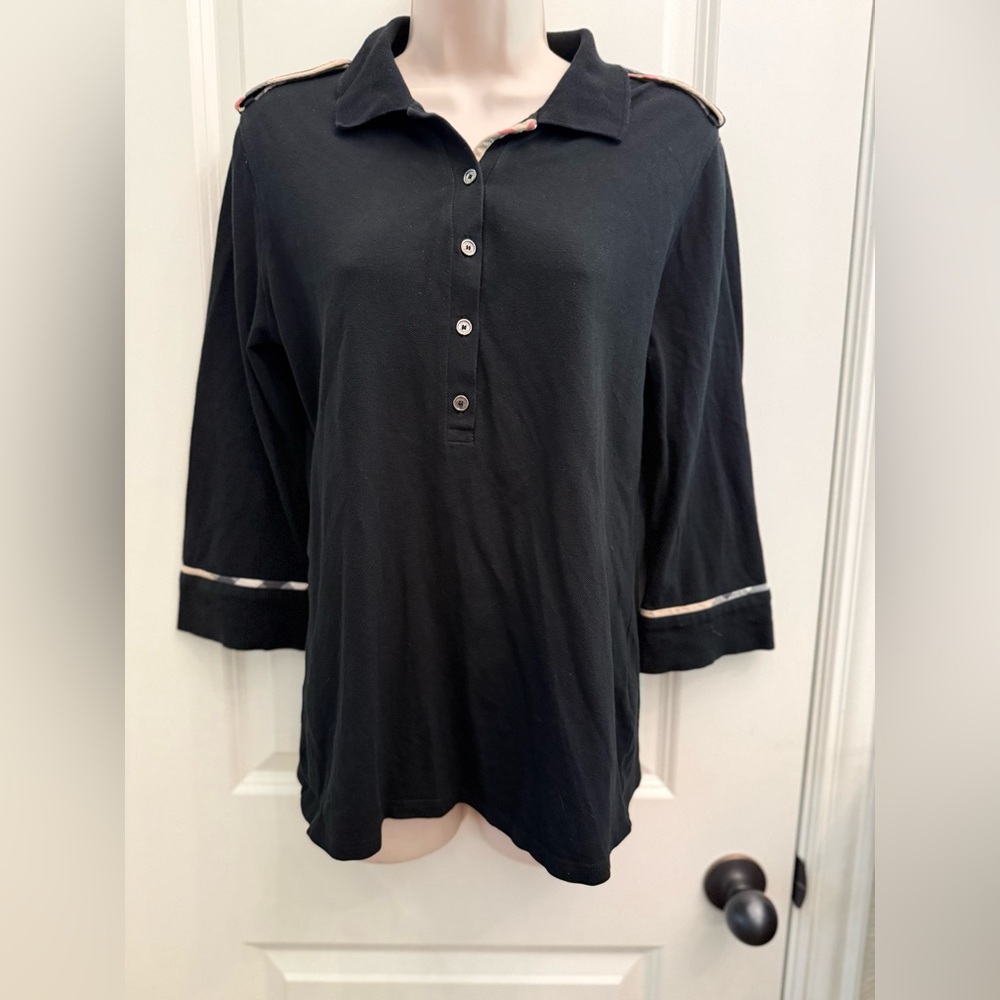 Burberry London Womens L Pique Cotton 3/4 Sleeves Nova Check Polo Shirt Black